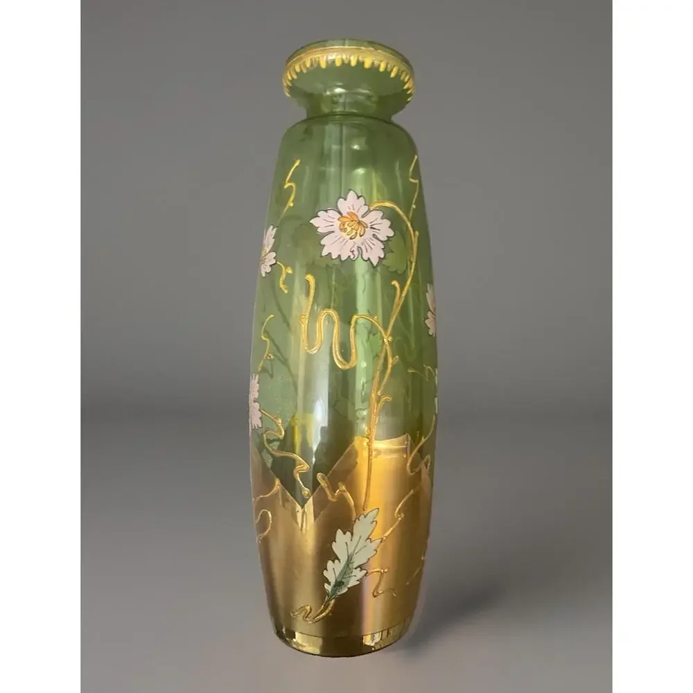 Fritz Heckert Style Art Nouveau Green Floral Gilt Enamel Blown Glass Vase 9.25